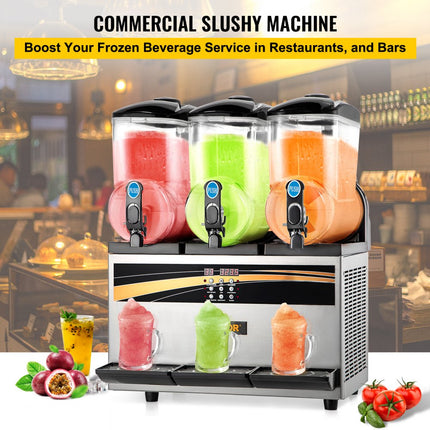 VEVOR commerciële slush-ijsmachine, 3 x 15 l slush-ijsmachine 800 W 220 V slush-ijsmachine, slush-apparaat 63 x 45 x 80 cm slushy-maker, 2 modi Intelligent LED-bedieningspaneel Slushy-maker