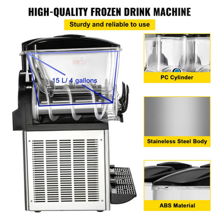 VEVOR commerciële slush-ijsmachine, 3 x 15 l slush-ijsmachine 800 W 220 V slush-ijsmachine, slush-apparaat 63 x 45 x 80 cm slushy-maker, 2 modi Intelligent LED-bedieningspaneel Slushy-maker