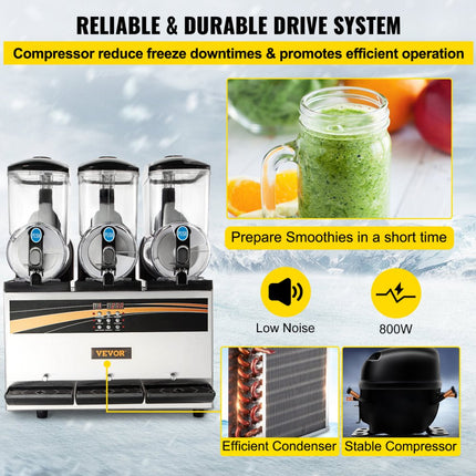VEVOR commerciële slush-ijsmachine, 3 x 15 l slush-ijsmachine 800 W 220 V slush-ijsmachine, slush-apparaat 63 x 45 x 80 cm slushy-maker, 2 modi Intelligent LED-bedieningspaneel Slushy-maker