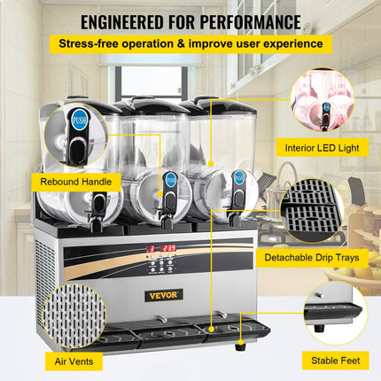 VEVOR commerciële slush-ijsmachine, 3 x 15 l slush-ijsmachine 800 W 220 V slush-ijsmachine, slush-apparaat 63 x 45 x 80 cm slushy-maker, 2 modi Intelligent LED-bedieningspaneel Slushy-maker