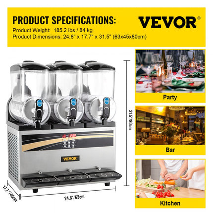 VEVOR commerciële slush-ijsmachine, 3 x 15 l slush-ijsmachine 800 W 220 V slush-ijsmachine, slush-apparaat 63 x 45 x 80 cm slushy-maker, 2 modi Intelligent LED-bedieningspaneel Slushy-maker