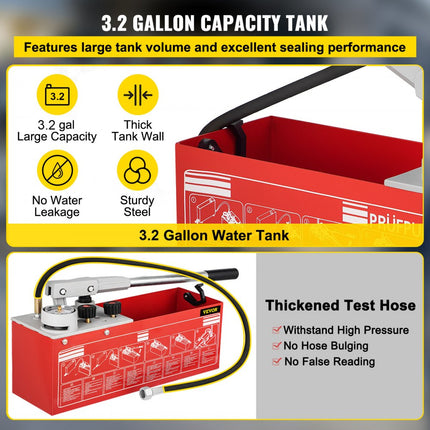 VEVOR Testpomp Druktester Pomp Vulpomp Druktestpomp Vulpomp Druktestpomp Hydrostatische Testpomp Hydraulische Druktestpomp 60 Bar / 860 Psi / 6 MPa Waterdruktester 12 L Tankvolume