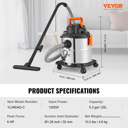 VEVOR nat-droogzuiger industriële stofzuiger 20L 6HP met sproeiers zilver