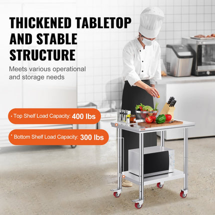 VEVOR Rvs Tafel Keukentafel Keuken Werktafel Bereiding Tafel 4 Wielen Rvs 30x24 inch Nutswerkstation
