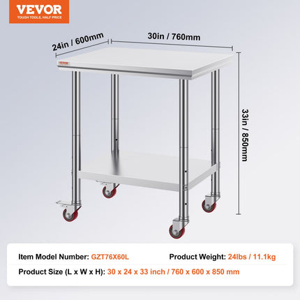 VEVOR Rvs Tafel Keukentafel Keuken Werktafel Bereiding Tafel 4 Wielen Rvs 30x24 inch Nutswerkstation