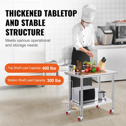 VEVOR Rvs Tafel Keukentafel Commerciële Keuken Werktafel Prep Tafel met 4 Wielen Rvs 36x24 inch Zilver