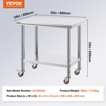 VEVOR Rvs Tafel Keukentafel Commerciële Keuken Werktafel Prep Tafel met 4 Wielen Rvs 36x24 inch Zilver