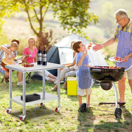 VEVOR Rvs Tafel Keukentafel Commerciële Keuken Werktafel Prep Tafel met 4 Wielen Rvs 36x24 inch Zilver