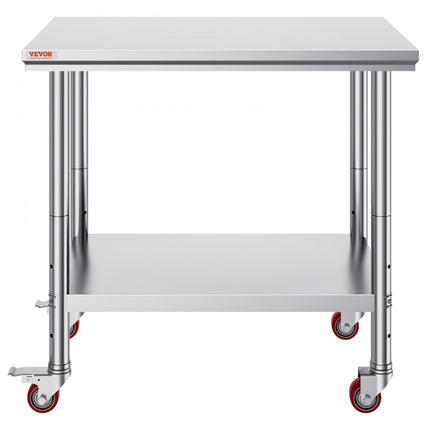 VEVOR Rvs Tafel Keukentafel Commerciële Keuken Werktafel Prep Tafel met 4 Wielen Rvs 36x24 inch Zilver