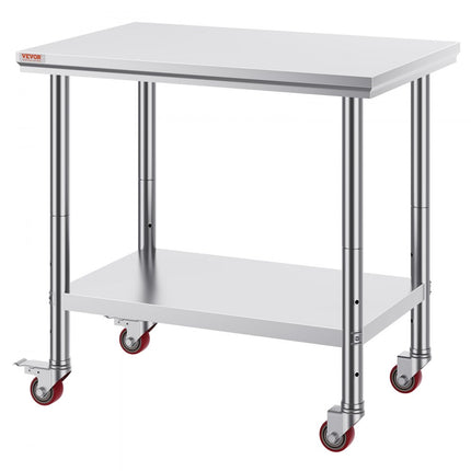 VEVOR Rvs Tafel Keukentafel Commerciële Keuken Werktafel Prep Tafel met 4 Wielen Rvs 36x24 inch Zilver