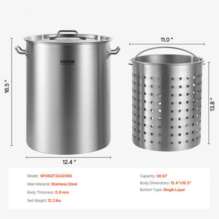VEVOR Soeppan Sauspan 34L Roestvrijstalen Kooksausmand Deksel