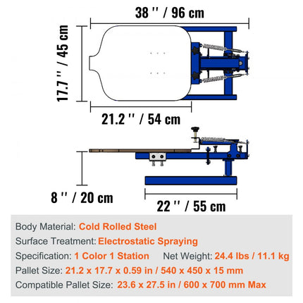 VEVOR zeefdrukpers T-shirt zeefdrukmachine 1 kleur + 1 station, T-shirtpers, hittepers hittepers doe-het-zelfapparatuur printer, textieldrukkleding, kussenslopen, bagage enz.