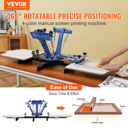 VEVOR zeefdrukpers T-shirt zeefdrukmachine 4 kleuren + 2 stations, T-shirtpers, hittepers hittepers doe-het-zelfapparatuur printer, textieldrukkleding, kussenslopen, bagage etc.