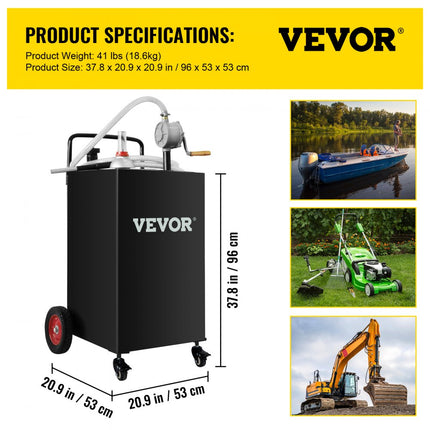 VEVOR 30 gallon brandstofwagen gasbrandstoftankcontainer 4 wielen met handmatige overdrachtpomp benzine dieselbrandstofcontainer voor auto's grasmaaiers ATV's boten enz. Zwart