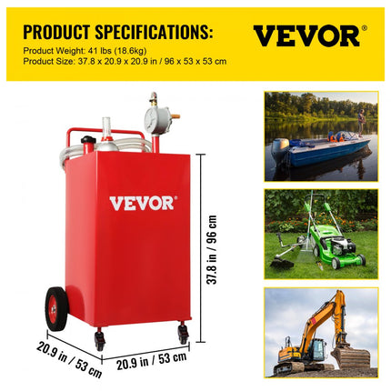 VEVOR 30 gallon brandstoftank, gasopslagtank en 4 wielen met handmatige transferpomp, benzine-dieselbrandstoftank voor auto's, grasmaaiers, ATV's, boten, enz. Rood