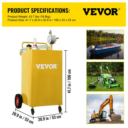 VEVOR 35 gallon brandstofwagen gasbrandstoftankcontainer met handmatige overdrachtpomp benzinedieselbrandstofcontainer voor auto's grasmaaiers ATV's boten Meer geel