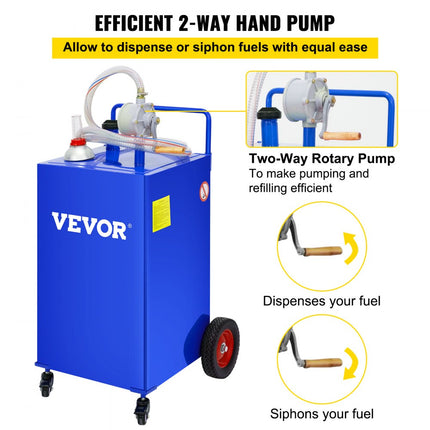 VEVOR 30 gallon brandstoftank, gasopslagtank en 4 wielen met handmatige transferpomp, benzine-dieselbrandstoftank voor auto's, grasmaaiers, ATV's, boten, enz. Blauw