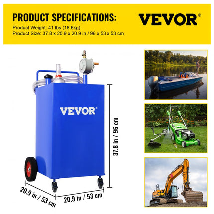 VEVOR 30 gallon brandstoftank, gasopslagtank en 4 wielen met handmatige transferpomp, benzine-dieselbrandstoftank voor auto's, grasmaaiers, ATV's, boten, enz. Blauw