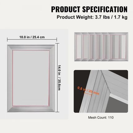 VEVOR 6 stuks aluminium schermframe zeefdrukpers 10" x 14", zeefdrukmachine-accessoires 110 mesh, zuurbestendig en niet-vervormbaar voor kussensloop, stof, papier, kopieerpapier, enz.