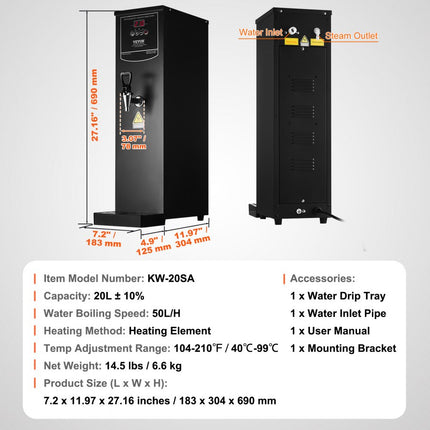 VEVOR commerciële waterkoker 20L elektrische heetwaterdispenser roestvrij staal