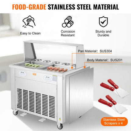 VEVOR gefrituurde ijsrollermachine, 2 stuks 380 x 380 mm vierkante pannen voor het frituren van ijs, commerciële roestvrijstalen ijsmachine met compressor en 4 schrapers