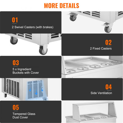 VEVOR gefrituurde ijsrollermachine, 2 stuks 380 x 380 mm vierkante pannen voor het frituren van ijs, commerciële roestvrijstalen ijsmachine met compressor en 4 schrapers