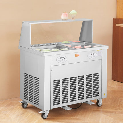 VEVOR gefrituurde ijsrollermachine, 2 stuks 380 x 380 mm vierkante pannen voor het frituren van ijs, commerciële roestvrijstalen ijsmachine met compressor en 4 schrapers