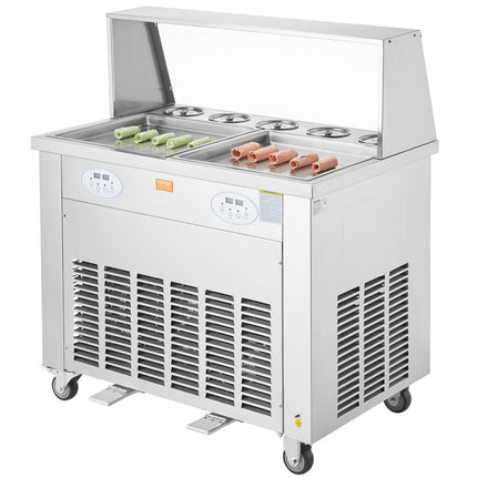 VEVOR gefrituurde ijsrollermachine, 2 stuks 380 x 380 mm vierkante pannen voor het frituren van ijs, commerciële roestvrijstalen ijsmachine met compressor en 4 schrapers