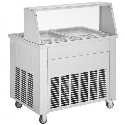 VEVOR gefrituurde ijsrollermachine, 2 stuks 380 x 380 mm vierkante pannen voor het frituren van ijs, commerciële roestvrijstalen ijsmachine met compressor en 4 schrapers