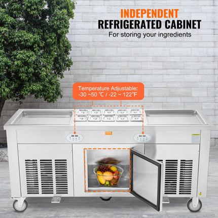 VEVOR oprolbare machine voor gebakken ijsbroodjes, 2 stuks 45 x 45 cm vierkante pannen voor het frituren van ijs, commerciële ijsmachine met compressor en 4 schrapers, voor ijs, bevroren yoghurt