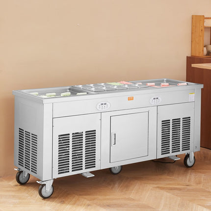 VEVOR oprolbare machine voor gebakken ijsbroodjes, 2 stuks 45 x 45 cm vierkante pannen voor het frituren van ijs, commerciële ijsmachine met compressor en 4 schrapers, voor ijs, bevroren yoghurt