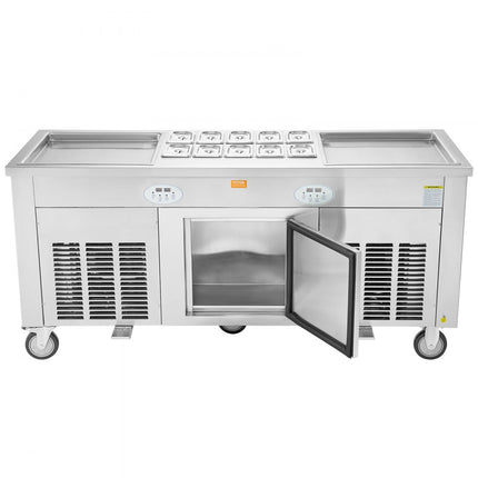 VEVOR oprolbare machine voor gebakken ijsbroodjes, 2 stuks 45 x 45 cm vierkante pannen voor het frituren van ijs, commerciële ijsmachine met compressor en 4 schrapers, voor ijs, bevroren yoghurt