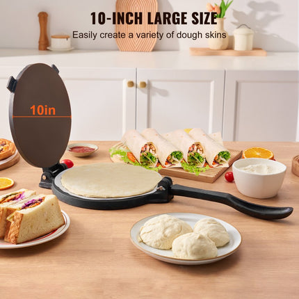 VEVOR Tortillapers, 25 cm tacopers, zware gietijzeren tortillapers, voorgekruide tortillamaker Tortillamaker met 100 stuks perkamentpapier, deegmachine voor meeltortilla, zwart