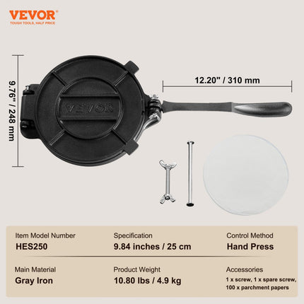 VEVOR Tortillapers, 25 cm tacopers, zware gietijzeren tortillapers, voorgekruide tortillamaker Tortillamaker met 100 stuks perkamentpapier, deegmachine voor meeltortilla, zwart