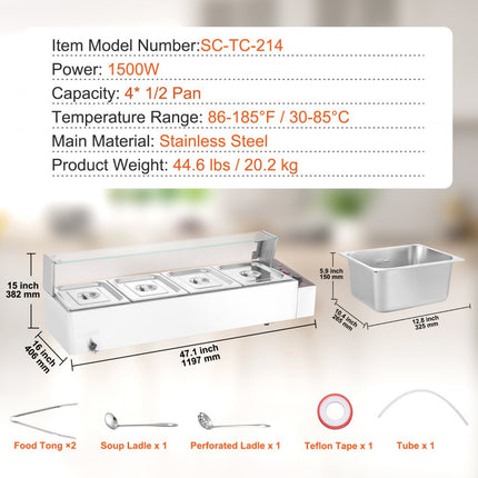 VEVOR Voedselverwarmer Chafing Dish Gastronorm Container 4x8Qt Glazen bord Commercieel