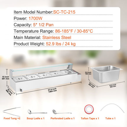 VEVOR Voedselverwarmer Chafing Dish Gastronorm Container 5x8Qt Glazen bord