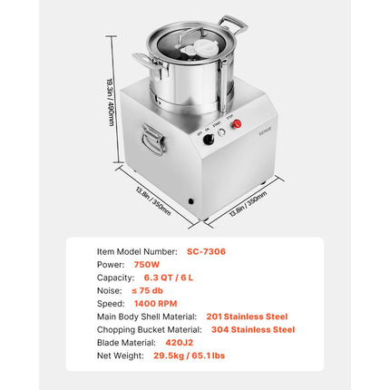 VEVOR keukenmachine groentesnijder 6L voedselveilige roestvrijstalen mixer