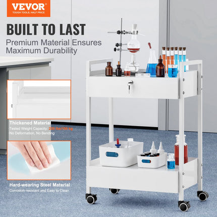 VEVOR laboratoriumwagen, 2-laags universele wagen van roestvrij staal, medicijnwagen met 2 laden, rollende laboratoriumwagen, witte serveerwagen met zwenkwielen voor laboratorium, ziekenhuis, tandartspraktijk, salon, enz.