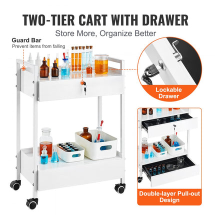 VEVOR laboratoriumwagen, 2-laags universele wagen van roestvrij staal, medicijnwagen met 2 laden, rollende laboratoriumwagen, witte serveerwagen met zwenkwielen voor laboratorium, ziekenhuis, tandartspraktijk, salon, enz.