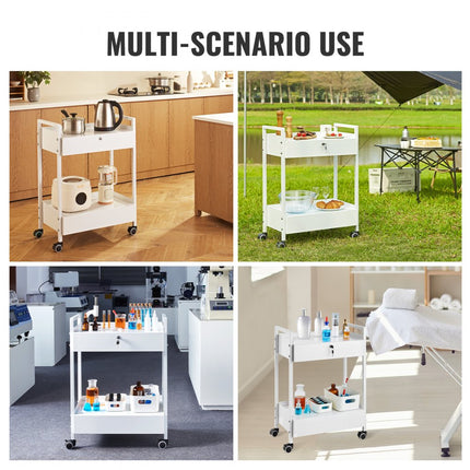 VEVOR laboratoriumwagen, 2-laags universele wagen van roestvrij staal, medicijnwagen met 2 laden, rollende laboratoriumwagen, witte serveerwagen met zwenkwielen voor laboratorium, ziekenhuis, tandartspraktijk, salon, enz.