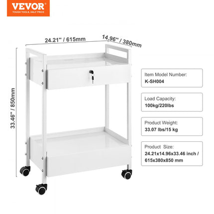 VEVOR laboratoriumwagen, 2-laags universele wagen van roestvrij staal, medicijnwagen met 2 laden, rollende laboratoriumwagen, witte serveerwagen met zwenkwielen voor laboratorium, ziekenhuis, tandartspraktijk, salon, enz.
