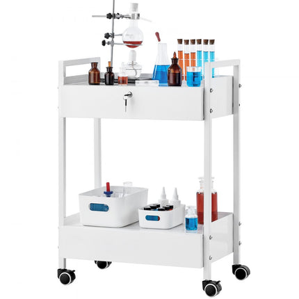 VEVOR laboratoriumwagen, 2-laags universele wagen van roestvrij staal, medicijnwagen met 2 laden, rollende laboratoriumwagen, witte serveerwagen met zwenkwielen voor laboratorium, ziekenhuis, tandartspraktijk, salon, enz.