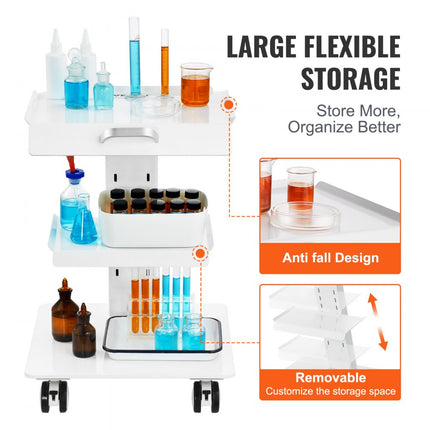 VEVOR laboratoriumwagen, 3-laags laboratoriumwagen met wielen, verrijdbare metalen wagen met zwenkwielen, serveerwagen, kliniekwagen met dienblad en 100 kg draagvermogen, voor laboratorium, kliniek, schoonheidssalon