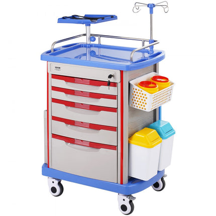 VEVOR Laboratoriumwagen Medische wagen 5 laden 2 vuilnisbakken Blauwe serveerwagen