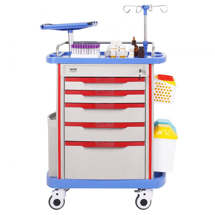 VEVOR Laboratoriumwagen Medische wagen 5 laden 2 vuilnisbakken Blauwe serveerwagen