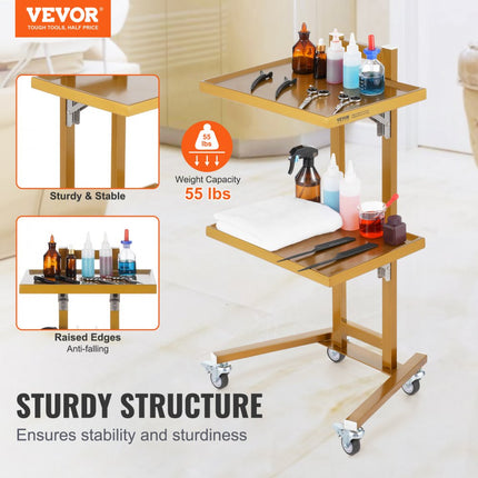 VEVOR 2-laags laboratoriumwagen serveerwagen roestvrij staal 2 dienbladen oprolbaar goud