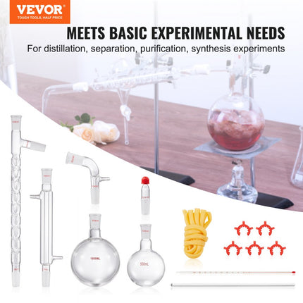 VEVOR laboratoriumdestillatiekit, 3.3 Boro laboratoriumglasdestillatiekit met 24 en 40 verbindingen, 1000 ml etherische oliedestillatieapparatuurset, 14-delige glaswerkset