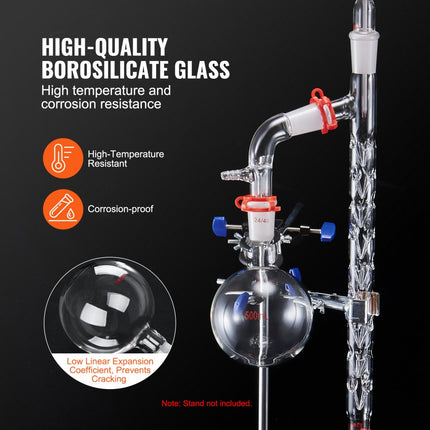 VEVOR laboratoriumdestillatiekit, 3.3 Boro laboratoriumglasdestillatiekit met 24 en 40 verbindingen, 1000 ml etherische oliedestillatieapparatuurset, 14-delige glaswerkset