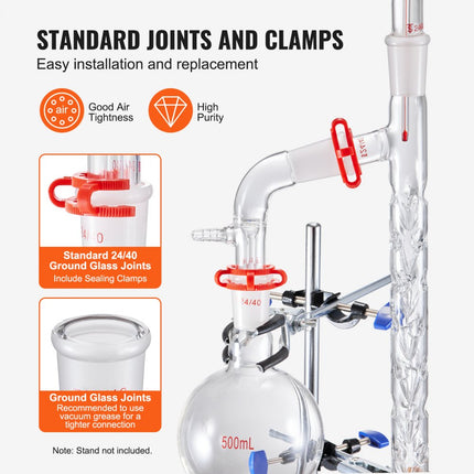 VEVOR laboratoriumdestillatiekit, 3.3 Boro laboratoriumglasdestillatiekit met 24 en 40 verbindingen, 1000 ml etherische oliedestillatieapparatuurset, 14-delige glaswerkset