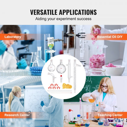 VEVOR laboratoriumdestillatiekit, 3.3 Boro laboratoriumglasdestillatiekit met 24 en 40 verbindingen, 1000 ml etherische oliedestillatieapparatuurset, 14-delige glaswerkset